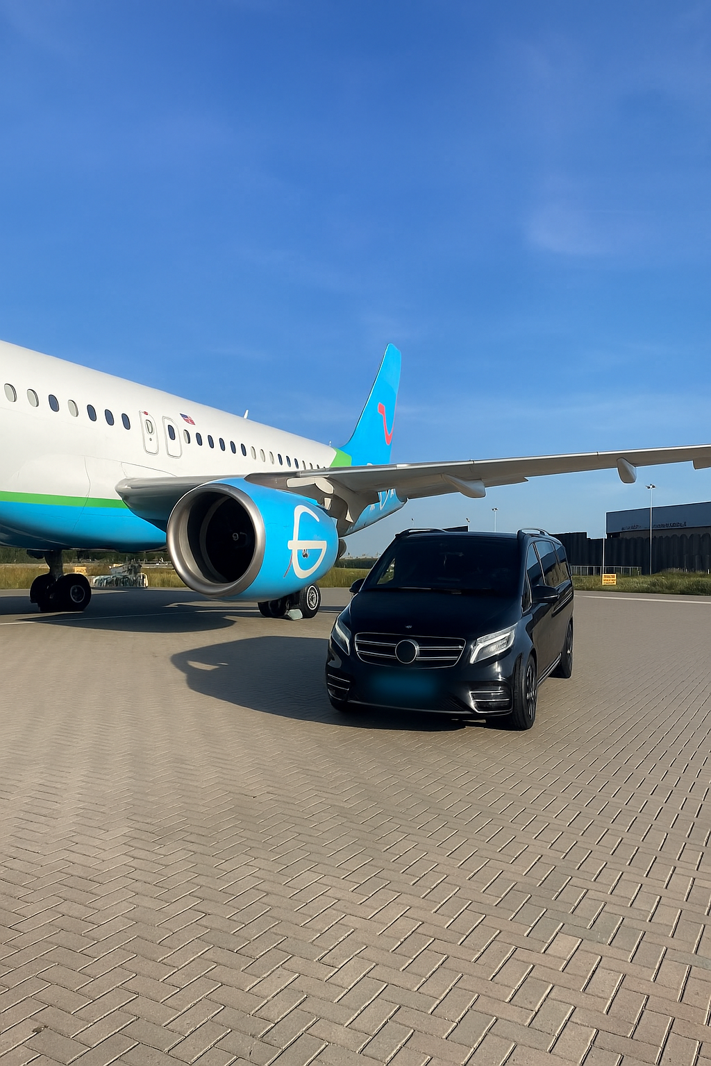 Vliegtuig En Mercedes Van Op Tarmac